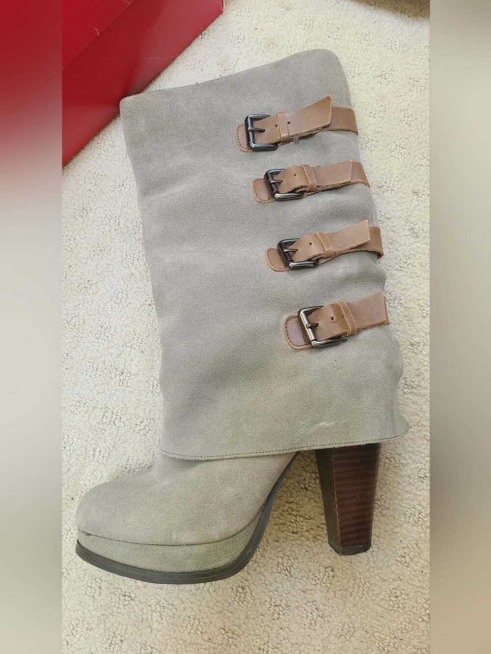 Genuine Suede/Leather Army Green Buckle Boots 7.5 - Picture 4 of 8